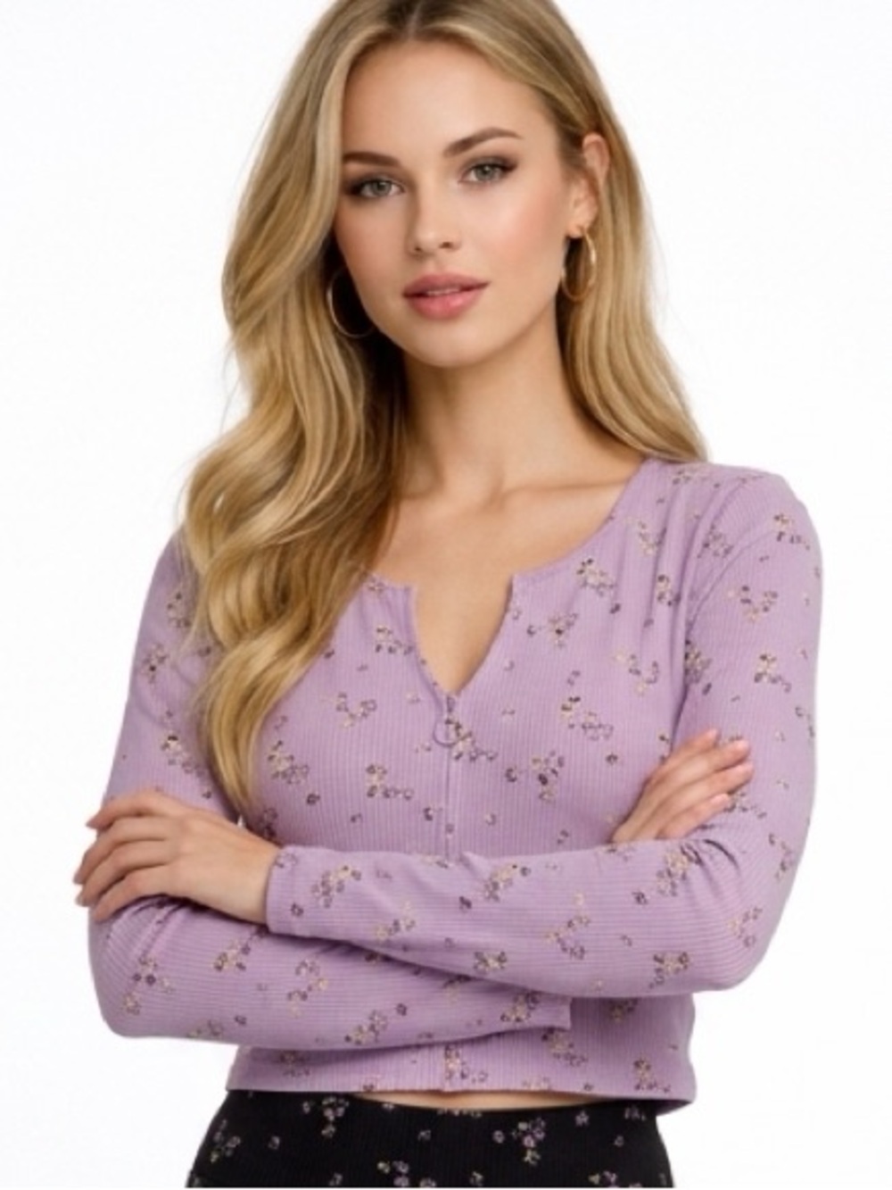Me‎ too we lilac zip front cropped light sweater with floral flowers size large